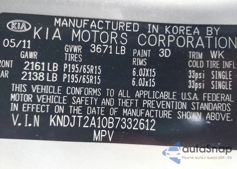 2011 Kia Soul из США, поврежденный, VIN KNDJT2A10B7332612